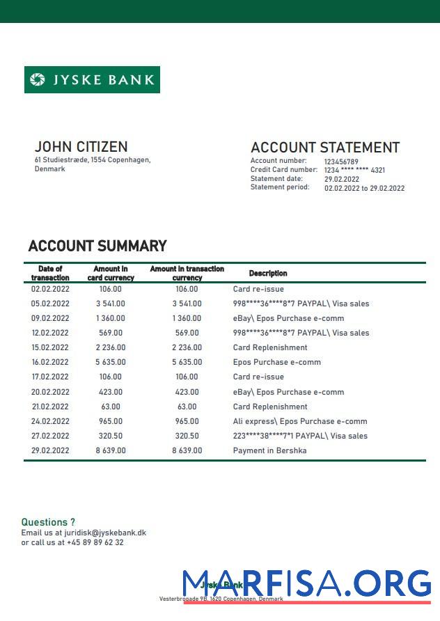 Blank Denmark Jyske bank statement word real example